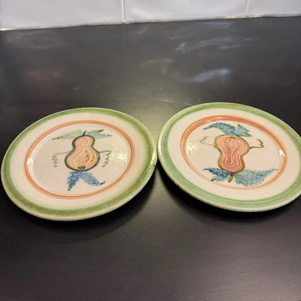John B Taylor Harvest Pear Plates Set of 2 6.5in Cream Green Folk Art Stoneware